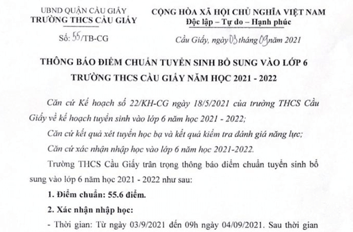 Điểm chuẩn tuyển sinh bổ sung vào lớp 6 trường Cầu Giấy