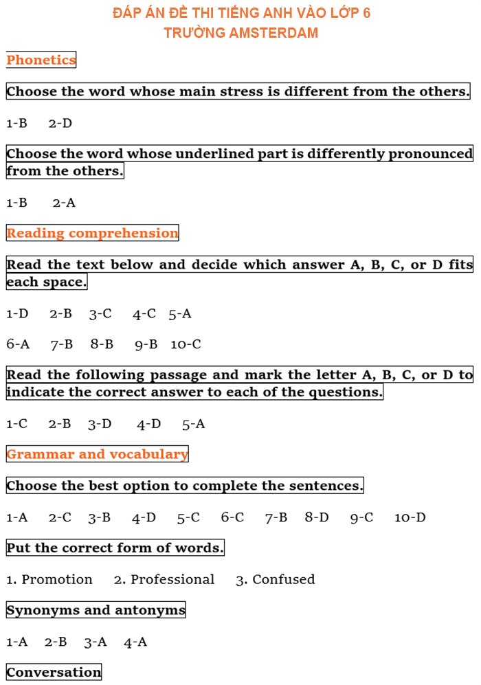 Đáp án đề thi vào lớp 6 trường Amsterdam