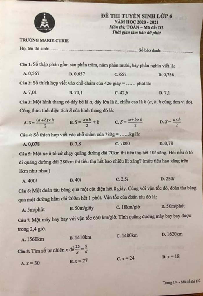 Đề thi trường Marie Curie môn Toán